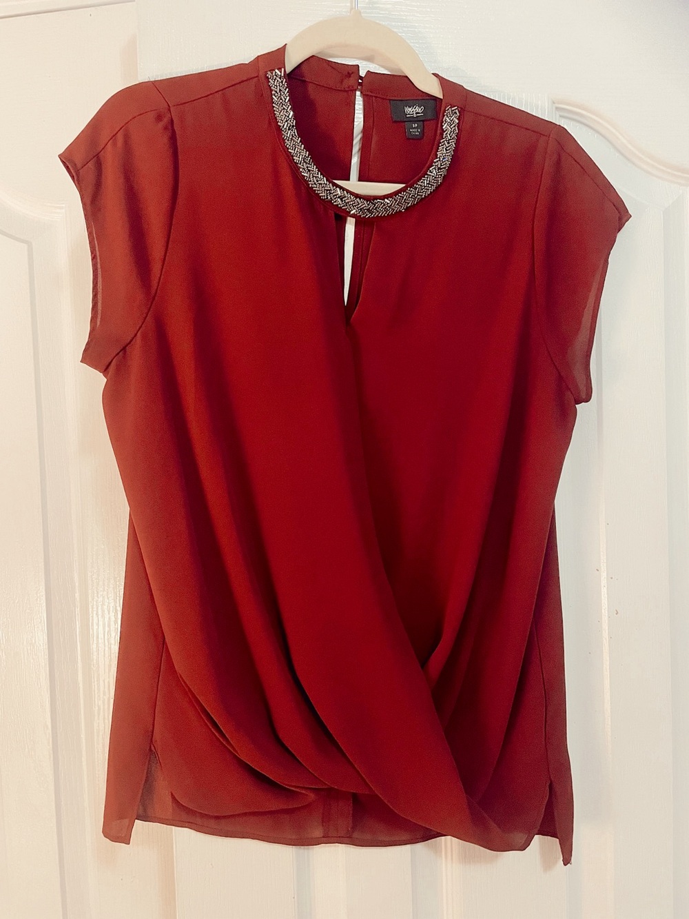 Mossimo Burgundy Draped Front Blouse with Embellished Neck